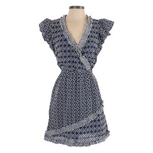Express Printed Lace Trim Eyelet Navy Blue Belted Faux Wrap Dress Size S